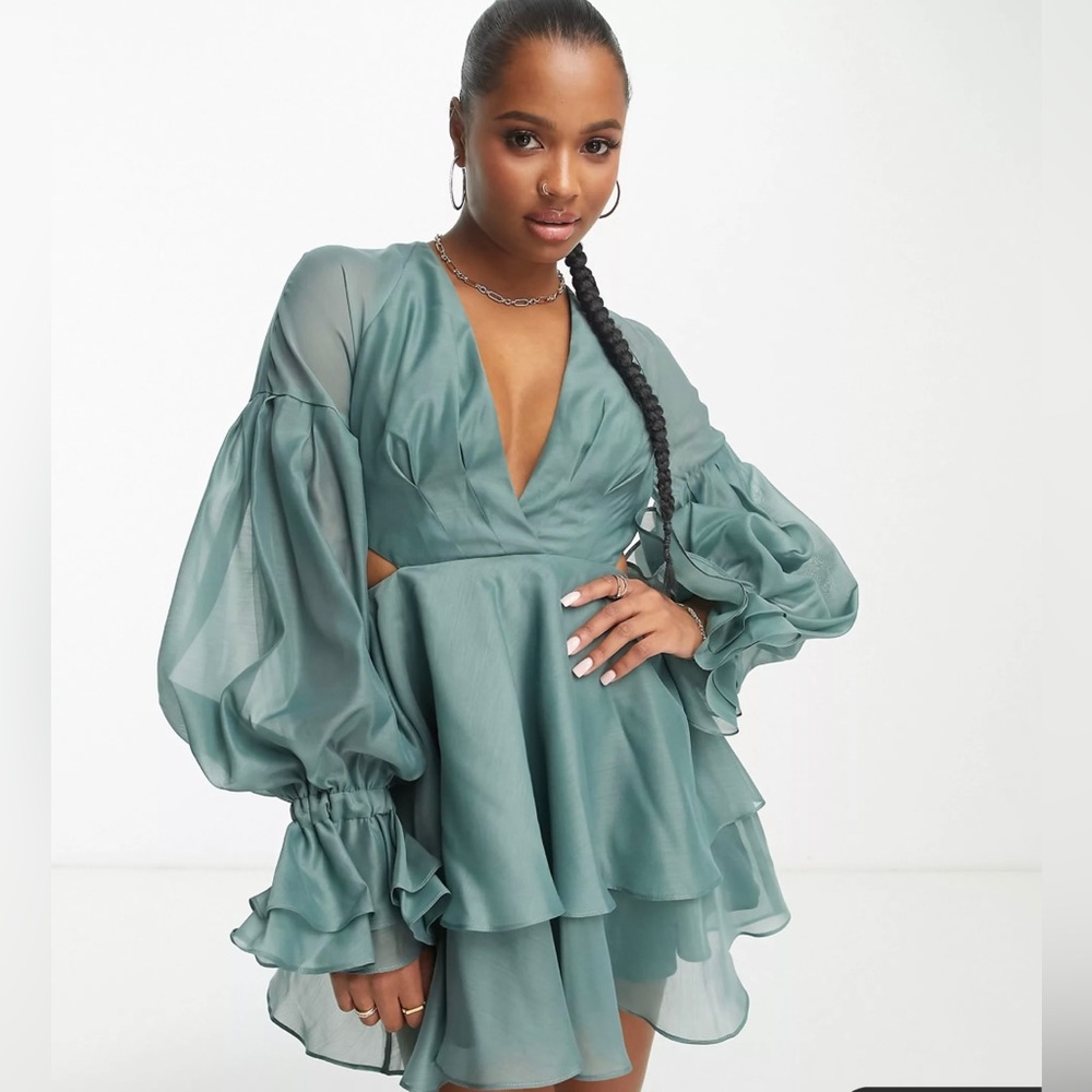 ASOS Teal Ruffle Layered Mini Dress - Picture 3 of 13